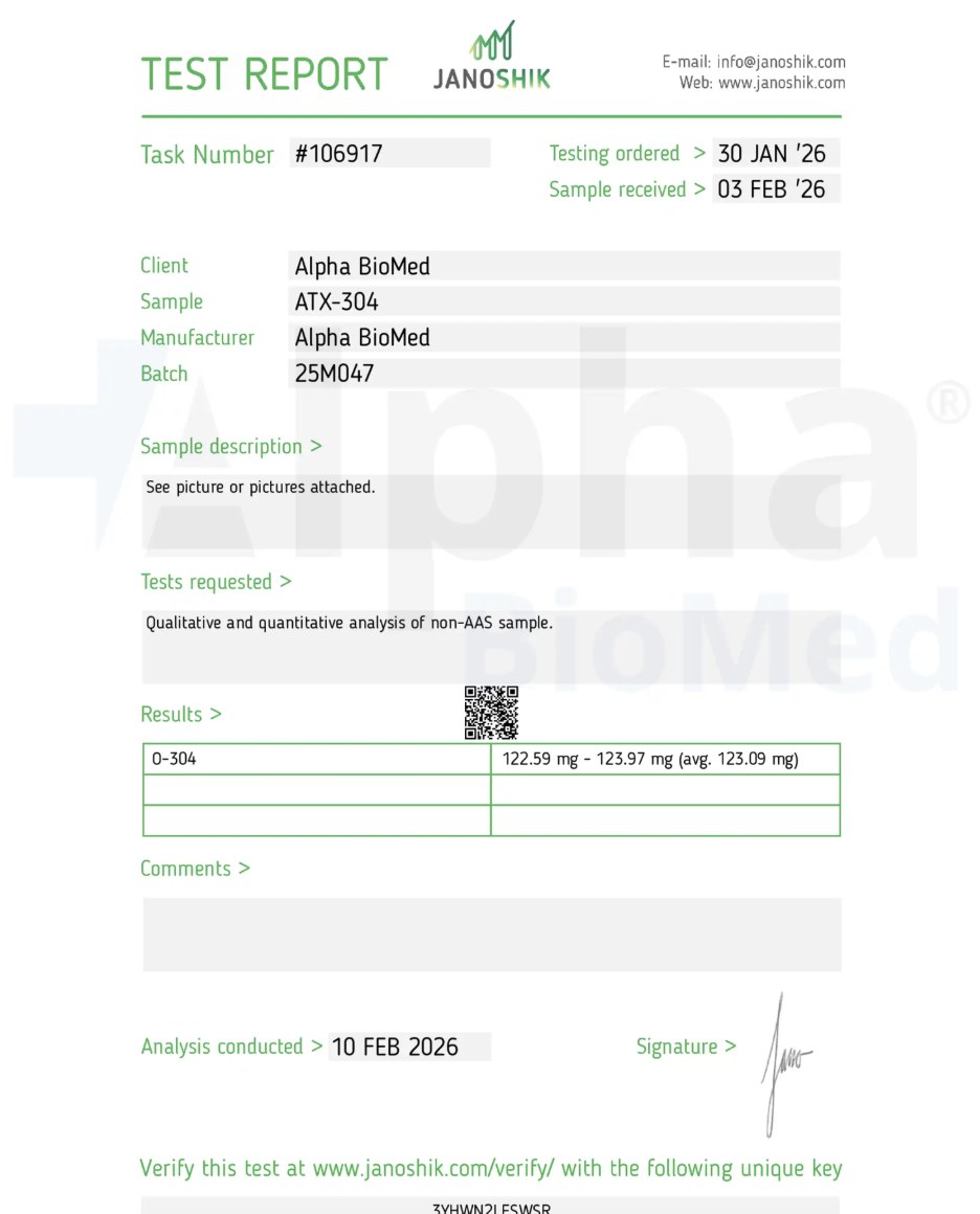 Janoshik laboratory test report for Alpha BioMed batch 25M047